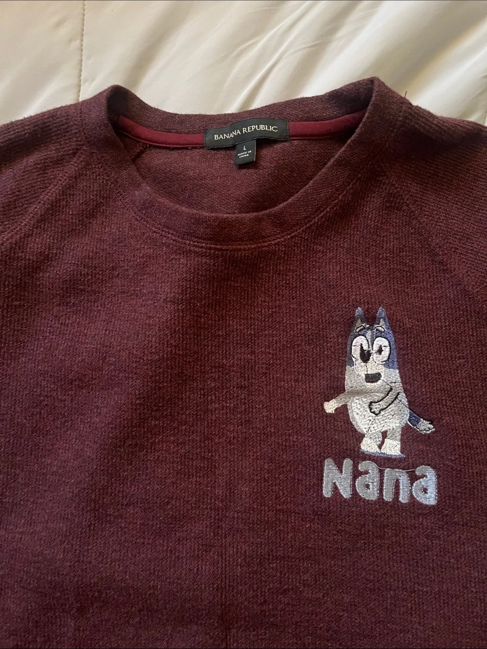 Banana Republic Maroon Crewneck Sweater with Embroidered Character